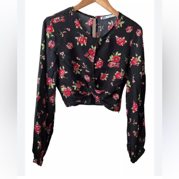 ZARA Women's Floral Crop Top Key-Hole Long Sleeve Zip Red- Black - Picture 11 of 13